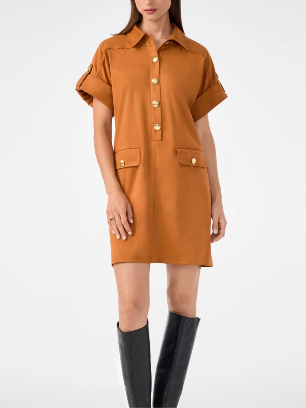 Trina Turk tan faux suede dress with gold buttons